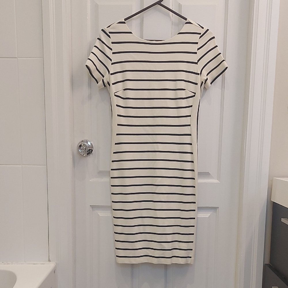 Banana Republic Black and Cream Striped Midi Dress